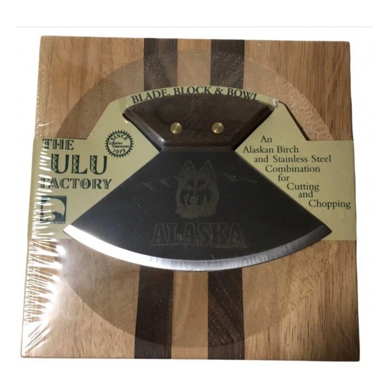 New Alaska Ulu Factory Walnut Wood Handle Knife Etched Wolf