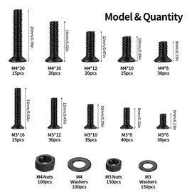 790 Piece M3 M4 Screws Set, Countersunk Screws Nuts Set, Flat Head Screws and Nuts Set, Phillips Machine Screws Assortment Kit with Washers Set (Black, M3 M4)