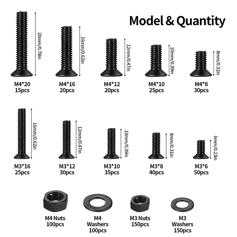 790 Piece M3 M4 Screws Set, Countersunk Screws Nuts Set,