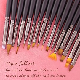 16PCS Nail Art Brushes Professional Set with Lid and Portable Case, Liner/Flat/Round/Fan/Acrylic/Oblique/UV Gel Painting Pens Kit Fine Acrylic Design Thin Liner Brush for Nail DIY Home Salon