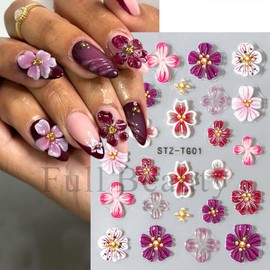 Flower Nail Stickers 5D Embossed Self Adhesive Hibiscus Floral Nail Decals Purple Flower Nail Charms Nails Design Pegatinas para Uñas for Women Nail Art Decoration 3 Sheet