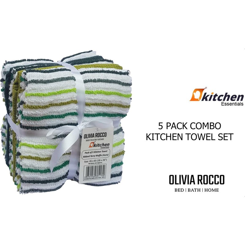 Olivia Rocco 5 Pack Striped Kitchen Tea Towels Cotton Super