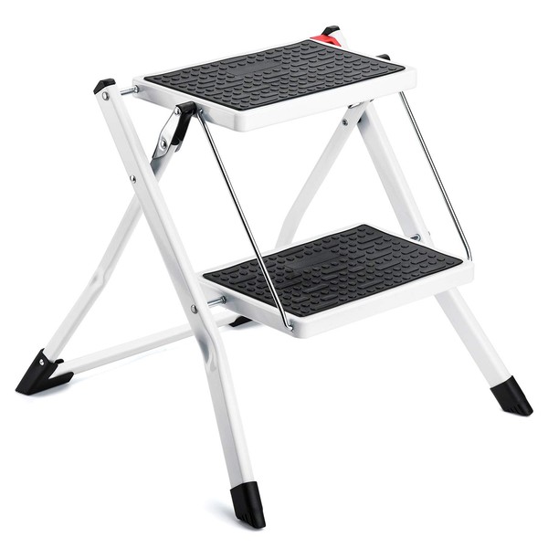 ACSTEP Folding Step Stool 2 Step Ladder Heavy Duty Metal stepping Stools for Adults Kids with Anti-Slip Wide Pedal Lightweight Portable Collapsible Small Stool Kitchen Folding Mini Ladder 330Ibs White