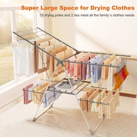 Bigzzia Clothes Drying Rack Foldable, 2-Level Large Laundry Drying Rack Collapsible, Stainless Steel Drying Rack Clothing for Indoor Outdoor, Easy to Fold, 33 Drying Rails, 142cm, Gray