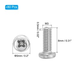 PATIKIL Phillips Pan Head Screws, 80 Pack M3-0.5 x 8mm 304 Stainless Steel 18-8 Full Thread, Pan Head Machine Phillips Drive Screw