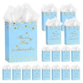 50Pcs Thank You Gift Bags with Tissue Paper, Thank You Paper Kraft Bags Bulk with Handles, Wedding Baby Shower Party Favors Bags for Guests Business Shopping Birthday Bridal Return Souvenirs (Blue)