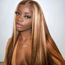 MENTOR Honey Blonde Highlight Ombre Lace Front Wigs Human Hair Straight Pre Plucked 13x4 HD Transparent 4/27 Balayage Blonde Brown Lace Frontal Wig 180% Density 30 Inch