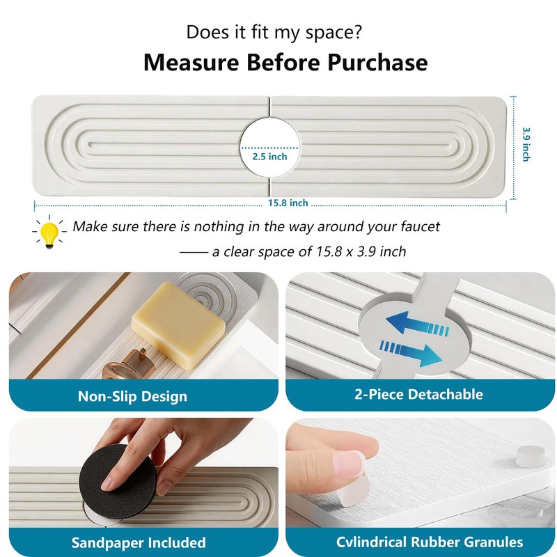 Diatomite Stone Faucet Mat for Kitchen Sink,15.8 x 3.9 Inch