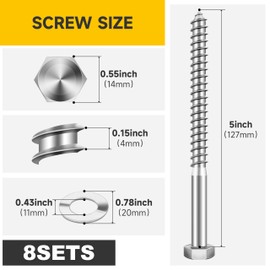 MYWISH (8Sets) 3/8" x 5" Hex Head Lag Bolts, Heavy Duty Lag Screws with Washers, 304 Stainless Steel Bolts 18-8, Lag Screws Wood Screws, Partial Thread Bright Finish, 3/8 Bolt