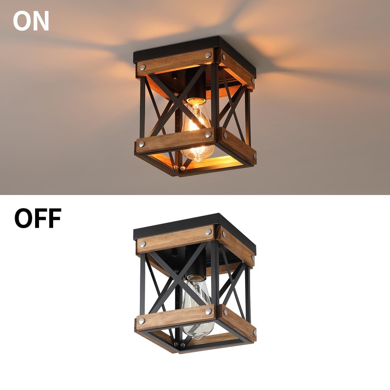 2 Pack Rustic Farmhouse Wood Flush Mount Ceiling Light Fixture