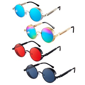 4 Pieces Retro Steampunk Sunglasses Vintage Gothic Round Sunglasses Circle Steampunk Glasses for Women Men (Orange, Black, Blue, Rainbow)