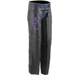 Milwaukee Leather Chaps for Women Black and Purple Low-Rise Waist- Double Buckle Reflective Embroidery Motorcycle Chap- ML1187 - Small