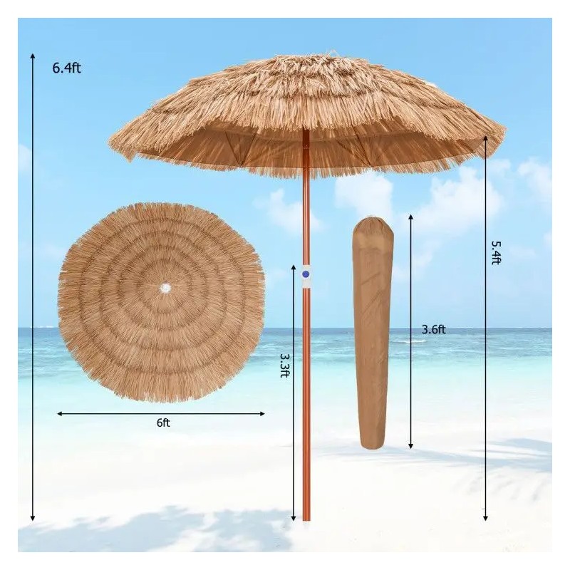 Thatched Patio Umbrella 6 Ft Tilt Design Wood Pole Straw