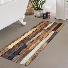 Hajmsug Wooden Bath Mat Rug Brown Western Farmhouse Rustic Floor Mat Country Style Walnut Oak Grain Wooden Mat Runner Rug for Bathroom Livingroom Flannel Mat 16X48 Inch