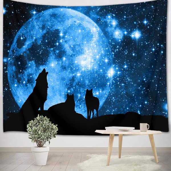 LB Black Wolf Tapestry Full Moon Wall Hanging Tapestry Stars in Blue Sky Wall Tapestries Funny Animal in Mountain Poster for Living Room Bedroom Dorm Wall Decor,59x39 inch
