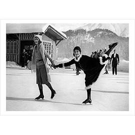 Skating in St Moritz, a 127 x 175mm Alternative Image winter themed Christmas card featuring a vintage black and white photo, message inside says Happy Christmas