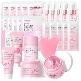 Japan Sakura Skincare Set, Face Masks Collection with Sleeping Mask, Mud Mask, Peel-off Mask, Cleanser, Solid Mask Stick, Collagen Jelly Mask, Face Serum