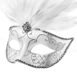 ILOVEMASKS Venetian Masquerade Ostrich Tall Feather Glitter Party Mask (Silver White)