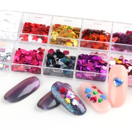 Heart Glitter Nail Art Sequins, 3D Sparkly Love Heart Nail Flakse Designs, 12 Colors Holographic Laser Big Small Hearts Nail Supplies for Women Manicure Sparkle Decorations, DIY Shiny Resin Nail Art