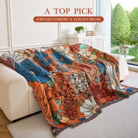 VANJOROY Boho Throw Blanket for Couch Cover, 100% Handwoven Cotton Southwestern Farmhouse Floral Decor Reversible Blanket, All Season Throw for Sofa Bed Tapestry Outdoor Camping Picnic. 91″×98″
