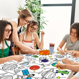 Leezead Outer Space Coloring Poster, 43.3X 31.4 Inch Giant Outer Space Painting Tablecloth for Classroom Art Activities Party Supplies