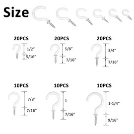 Romeda 90 Pcs White Ceiling Hooks kit, 6 Sizes Vinyl Coated Screw-in Plant, Kitchen, Cup, Ceiling Hooks for Hanging (1/2in, 5/8in,3/4in,7/8in,1',1-1/4in) | Romeda