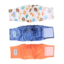 Teamoy Reusable Wrap Diapers for Male Dogs, Washable Puppy Belly Band Pack of 3 (XS, 7"-9" Waist, Orange+ Denim+ Fat Smile)