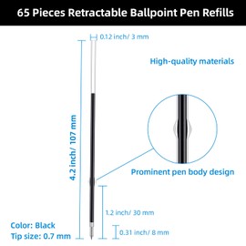 65 Pieces Retractable Ballpoint Pen Refills Replacement Ballpoint Pen Refills Ink Pen Refills Black for Journal Writing, Office and School Supplies, 107 mm in Length (Black,0.7 mm)