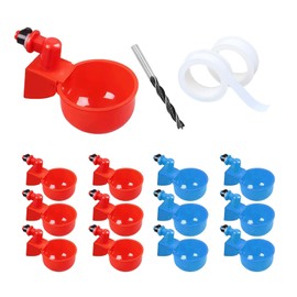 12Pcs Chicken Waterer Cups Automatic Chicken Water Feeder with Nut and Hole Saw Chicken Watering Cups DIY Chicken Water Cups with 1 Drill Bit & 2 Tape for Buckets Boxes Troughs Waterer (Red & Blue)