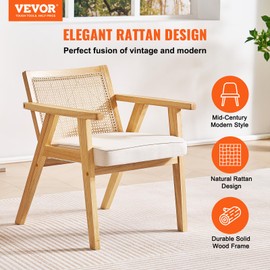 VEVOR Mid Century Modern Rattan Chair, Upholstered Velvet Accent Chair with Rattan Back, Retro Living Room Chair for Living Room, Bedroom, Reading Room, and Office, Beige