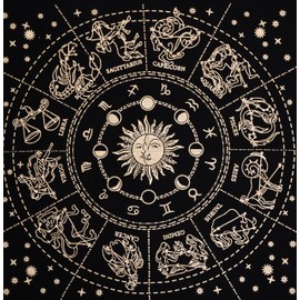 ASAV Altar Cloth Tarot Cards Square Table Napkin Witchcraft Supplies Tablecloth Black Horoscope Sign Zodiac Circle Deck Cloth with Frings (Golden, 18x18 Inches/45x45 Cms.)