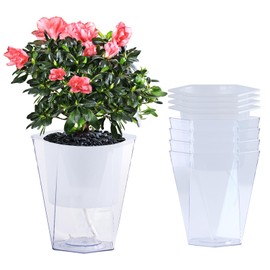 Oliz Self Watering Planter 5 Pcs, 4.5 Inch Flower Plant Pot with Transparent Inner Pot, Gardening Flowerpot with Watering Can, Indoor Self Watering Planter Pot for Herbs, Flowers (White)