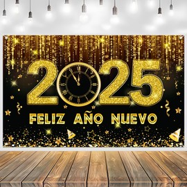 Feliz Año Nuevo Banner Backdrop Decorations, Feliz Año Nuevo Decorations 2025, Black Gold New Year Party Decorations Banner Backdrop for 2025, New Years Eve Party Supplies