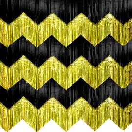 KatchOn, Black and Gold Fringe Backdrop Curtain - XtraLarge 6.6x1.7 Feet, Pack of 6 | Graduation Backdrop for Graduation Decorations 2025 | Fringe Curtain for Birthday Decorations | Prom Decorations