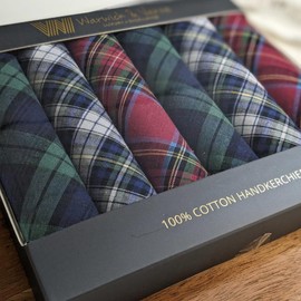 Warwick & Vance Pack Of 6 Mens/Gentlemens Tartan Handkerchiefs, Blue, Green & Red, 100% Cotton, 40 x 40cm