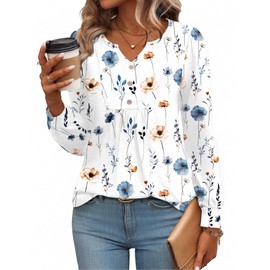 Zeagoo Tops for Women Long Sleeve Shirts Trendy 2025 Floral Pleated Fall T-Shirts Dressy Blouse Casual Business Work Basic Top Henly V Neck Tunic