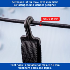 Webbing Tension Hooks, Pack of 4, for up to 10 mm Diameter Thick Tent Poles and 20 mm Wide Webbing Straps, Black ABS Plastic, Hooks for Outdoor Tent, Awning, Tarpaulin, Pole Clips, Tent Clip Camper