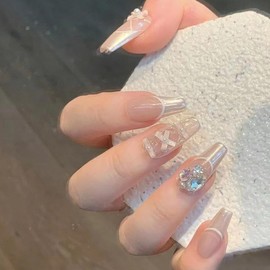 YXRXKJ Nail Tips, Medium, 24 Pieces, Nail Tips, Short, Popular, Japanese Style, Cute, Simple, Stylish, False Nails, Short, Spring & Summer, Bride Nails, Glossy, Coming of Age Ceremonies, Graduation