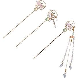 3Pcs Flower Hair Stick with Tassel, Vintage Elegant Hairpin Chinese Style Flower Hair Fork for Women Girl (White and Pink, 15CM)