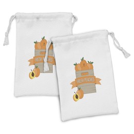 Ambesonne Peach Fabric Pouch Set of 2, Cartoon Illustration of Ripe Fruits in a Box with Fresh Peaches Lettering, Small Drawstring Bag for Toiletries Masks and Favors, 9" x 6", Apricot Dusk and White