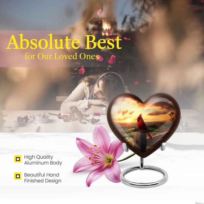 YATHABHISA Red Cardinal Heart Shaped Urn Keepsake, Mini Urns for