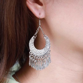 Aneneiceera Tribal Filigree Chandelier Earrings Silver Fringe Tassel Drop Earrings Long Chain Tassel Earrings Vintage Gypsy Boho Statement Earrings Jewellery for Women and Girls Gifts, Alloy Steel