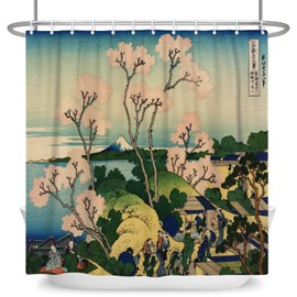 SDOTPMT 48x72inch Japanese Spring Landscape Shower Curtain Cherry Blossom Ukiyo-e Kanagawa Bath Curtain Fuji Mountain Orient Traditional Ethnic Anime Curtain for Bathroom Polyester with Hooks