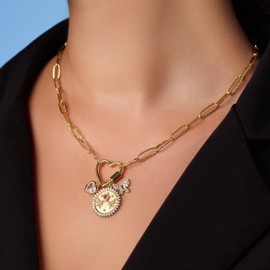 Milla 14K Gold Charm Necklace for Women, 18 inches Paperclip Chain and 2 inches Extension, with Pendants on Carabiner. Safe and Hypoallergenic (Hummingbird - Heart - Butterfly)