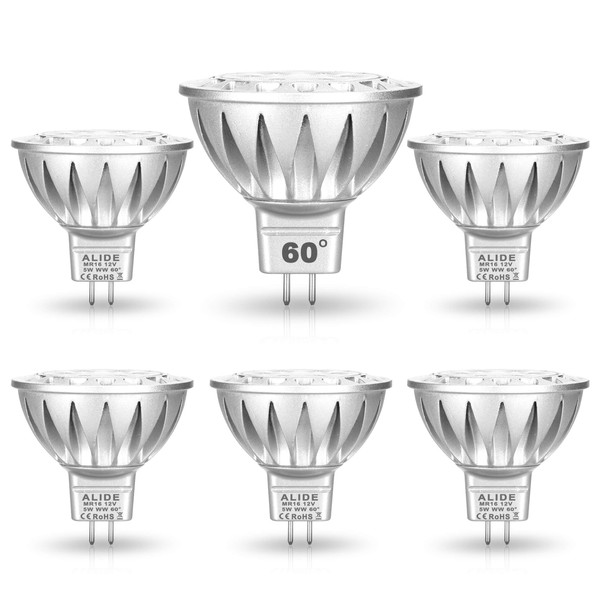 ALIDE MR16 Led Bulbs 60° (60 Degree) Wide Beam Angle,5W Replace 20W 35W Halogen,2700K Soft Warm White,Low Voltage 12volt MR16 GU5.3 Bulb Spotlights for Track Recessed Landscape Lighting,450lm,6 Pack