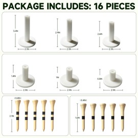 16-Piece Rubber Golf Tees for Mats,Driving Range & Indoor Golf Simulator - Universal Tees for Artificial Turf Mats with 6 Rubber Stands & 10 Bamboo Tees (White)