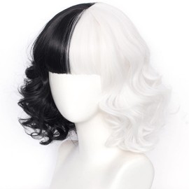 PORSMEER Black and White Wig half wigs for women Costume Short Curly Wavy Bob Hair Wigs with Fringe Heat Synthetic Accessories for Party Cosplay Halloween