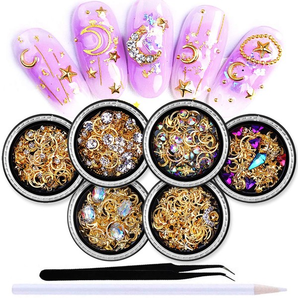 SILPECWEE 6 Boxes 3d Nail Rhinestones And Studs Gold Nail Rivets Set Nail Crystals Clear Nail Jewelry Decorations Manicure Kit With 1Pc Tweezers And Picker Pencil
