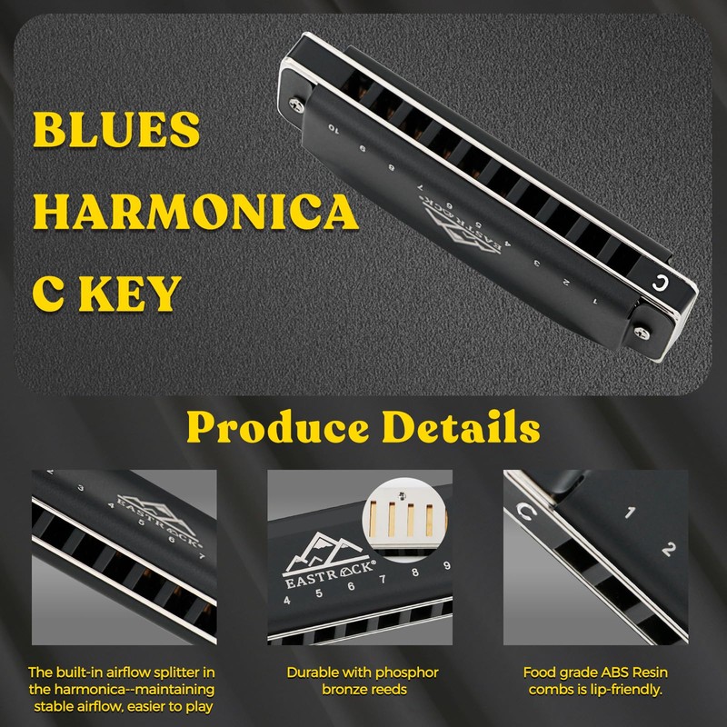 EASTROCK Blues Harmonica with 10 Holes C Glazed Black