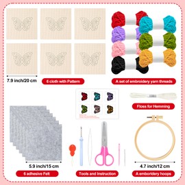 WATINC Butterfly Punch Needle Coaster Kit - 22Pcs Easy Art Work Decor Craft Supply for Beginners, DIY Set of 6 Butterflies Tufted Rug Pads with Adhesive Felt Yarns Embroidery Hoop Tools Instruction